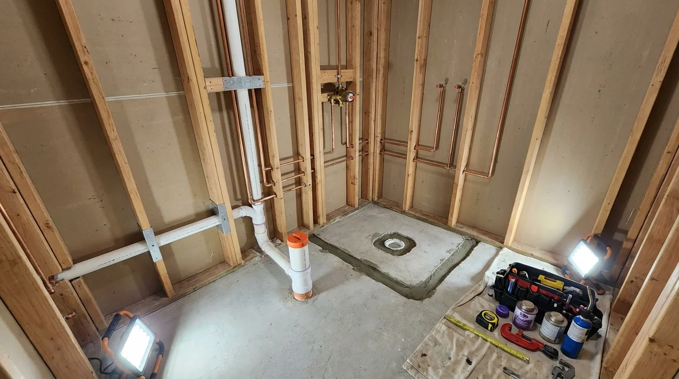 Bathroom rough-in plumbing during remodel by Johns Plumbing LLC in Yale