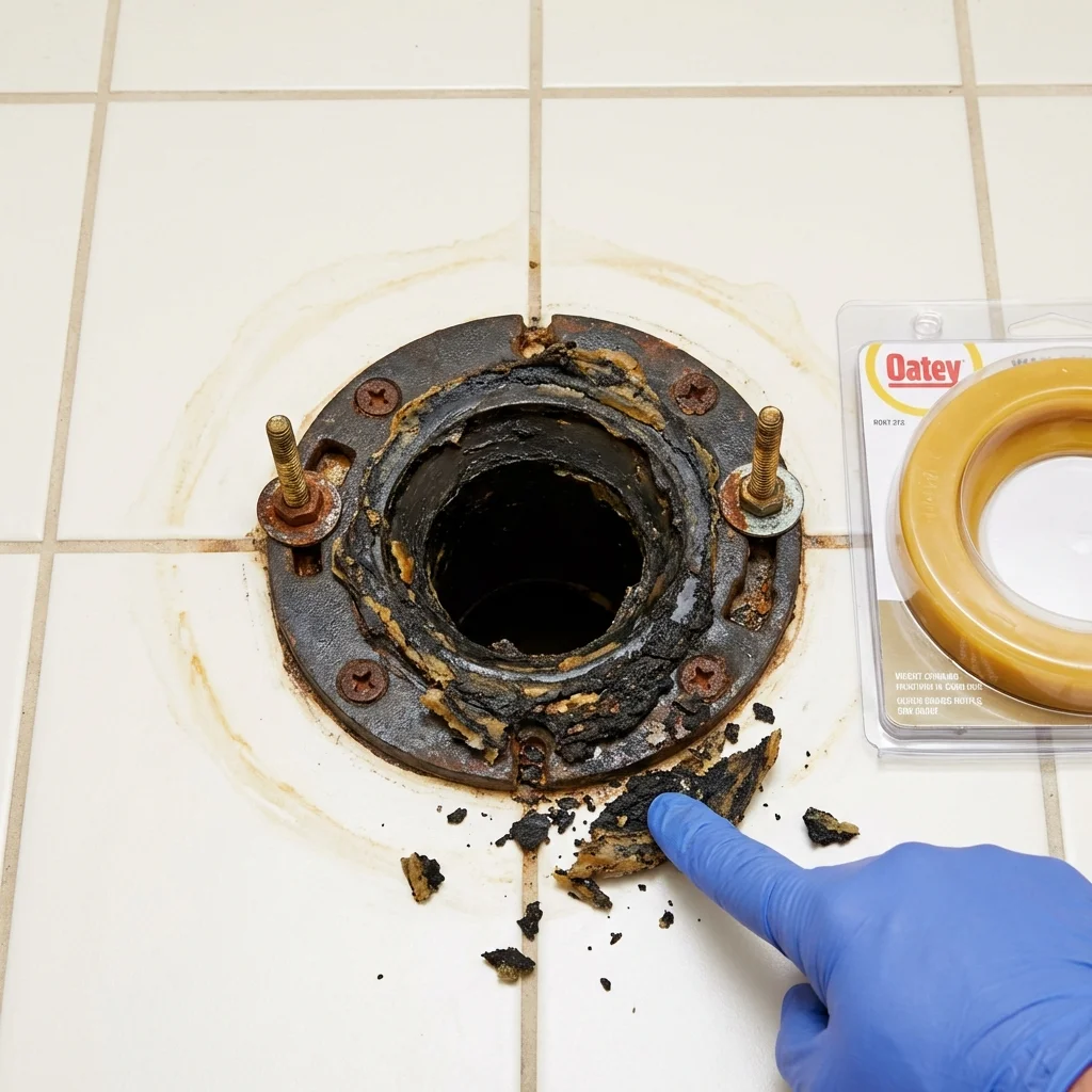 Failed wax ring showing water seepage at the base of a toilet in a Yale, OK home